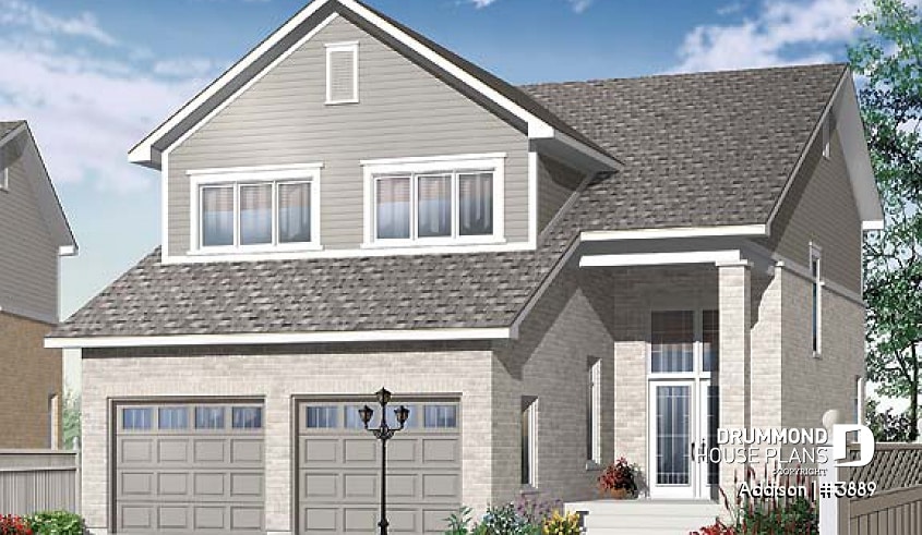 front - BASE MODEL - 4 bedroom narrow lot house plan design, two-car garage, open floor  plan, fireplace, pantry, laundry on  main - Addison