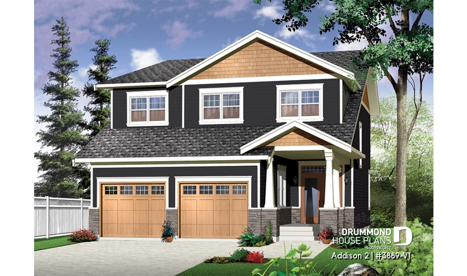 front - BASE MODEL - Craftsman 4 to 5  bedroom house plan, 2-car garage, 9' ceiling, pantry, fireplace, laundry room on main floor - Addison 2