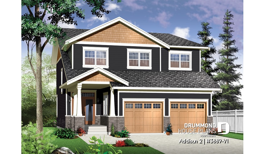 front - BASE MODEL - Craftsman 4 to 5  bedroom house plan, 2-car garage, 9' ceiling, pantry, fireplace, laundry room on main floor - Addison 2