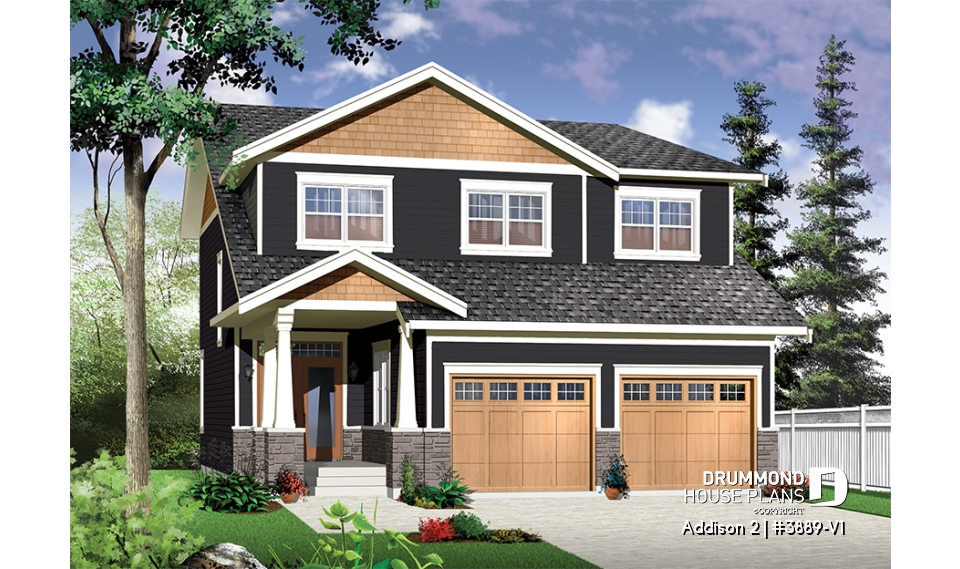 front - BASE MODEL - Craftsman 4 to 5  bedroom house plan, 2-car garage, 9' ceiling, pantry, fireplace, laundry room on main floor - Addison 2