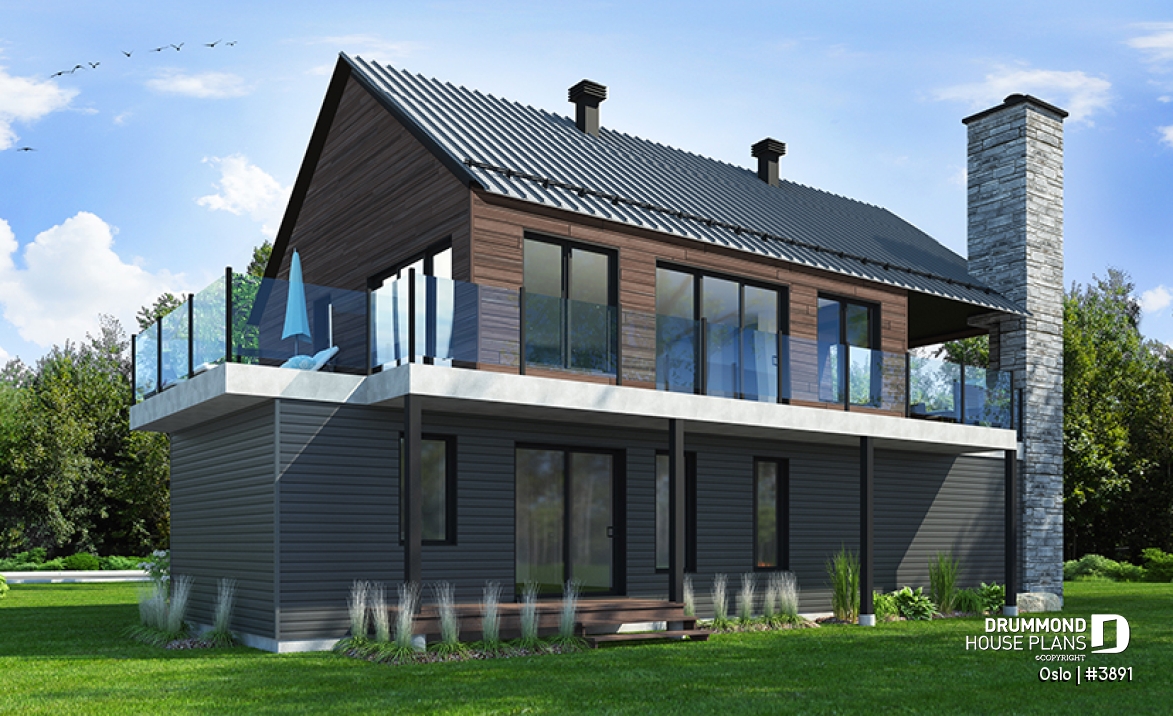 Rear view - BASE MODEL - Reverse living Scandinavian style house plan, large deck, home office, open floor plan concept - Oslo