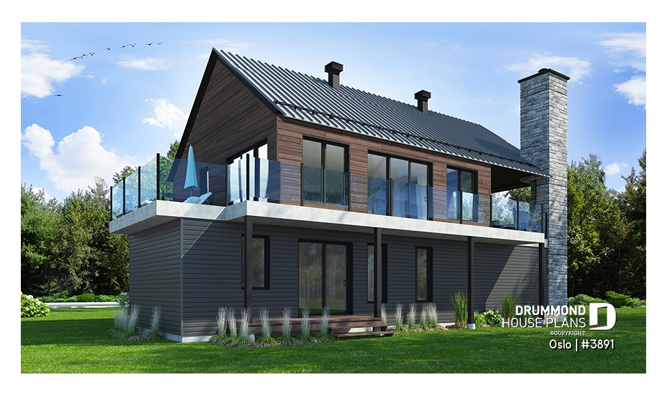 Rear view - BASE MODEL - Reverse living Scandinavian style house plan, large deck, home office, open floor plan concept - Oslo
