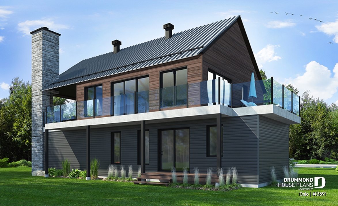 Rear view - BASE MODEL - Reverse living Scandinavian style house plan, large deck, home office, open floor plan concept - Oslo