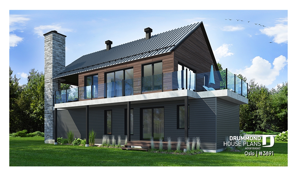 Rear view - BASE MODEL - Reverse living Scandinavian style house plan, large deck, home office, open floor plan concept - Oslo