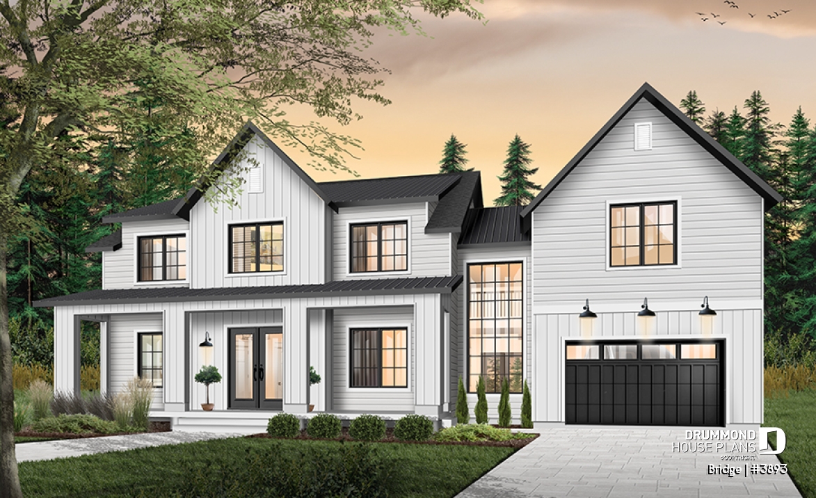 front - BASE MODEL - 4 bedroom modern farmhouse plan, 3 baths, garage, spectacular living room with fireplace and 20' ceiling - Bridge