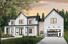 front - BASE MODEL - 4 bedroom modern farmhouse plan, 3 baths, garage, spectacular living room with fireplace and 20' ceiling - Bridge