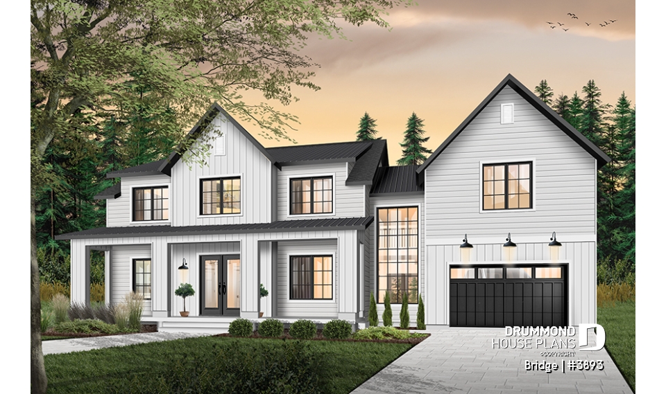 front - BASE MODEL - 4 bedroom modern farmhouse plan, 3 baths, garage, spectacular living room with fireplace and 20' ceiling - Bridge