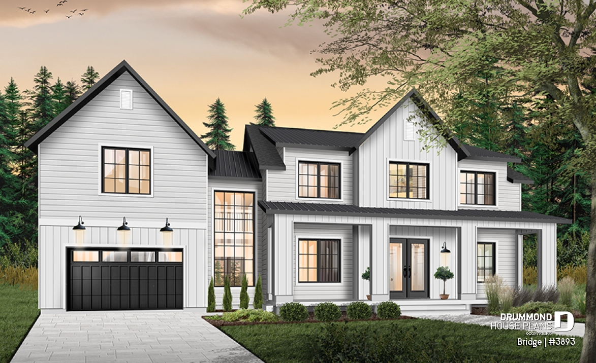 front - BASE MODEL - 4 bedroom modern farmhouse plan, 3 baths, garage, spectacular living room with fireplace and 20' ceiling - Bridge