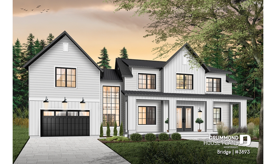 front - BASE MODEL - 4 bedroom modern farmhouse plan, 3 baths, garage, spectacular living room with fireplace and 20' ceiling - Bridge