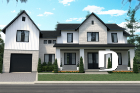 front - BASE MODEL - 3 to 5 bedroom Modern Farmhouse house plan, home office, garage, 2.5 baths, 2 large terraces - Bridge 2