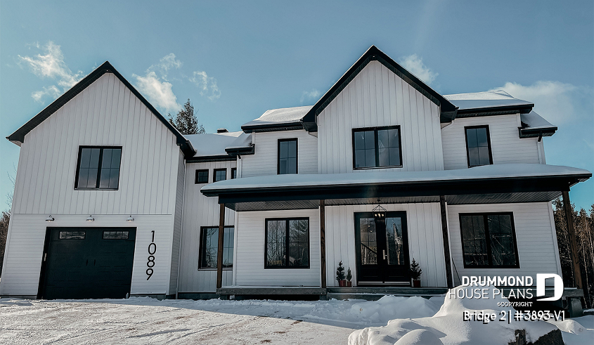 front - BASE MODEL - 3 to 5 bedroom Modern Farmhouse house plan, home office, garage, 2.5 baths, 2 large terraces - Bridge 2