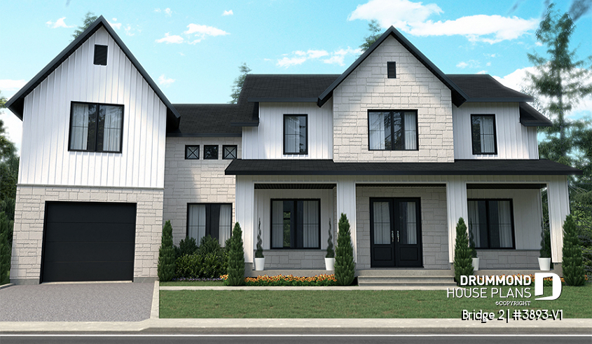 front - BASE MODEL - 3 to 5 bedroom Modern Farmhouse house plan, home office, garage, 2.5 baths, 2 large terraces - Bridge 2