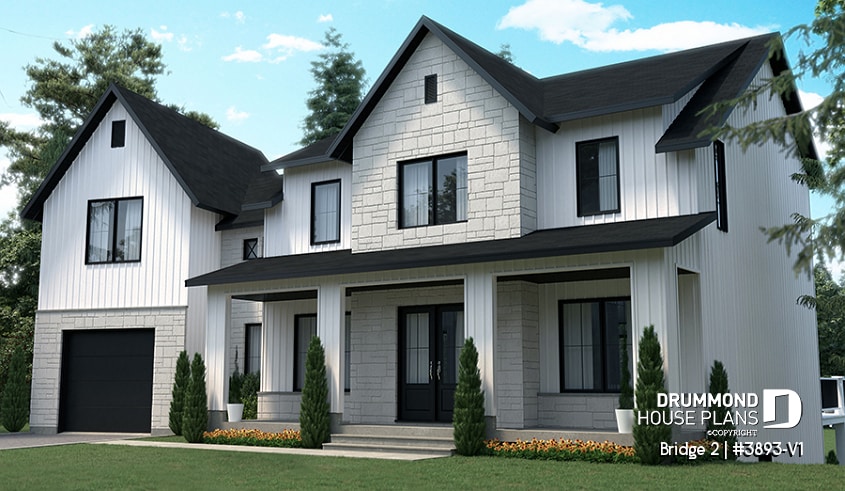 front - BASE MODEL - 3 to 5 bedroom Modern Farmhouse house plan, home office, garage, 2.5 baths, 2 large terraces - Bridge 2