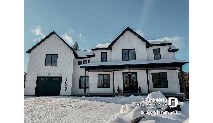 front - BASE MODEL - 3 to 5 bedroom Modern Farmhouse house plan, home office, garage, 2.5 baths, 2 large terraces - Bridge 2