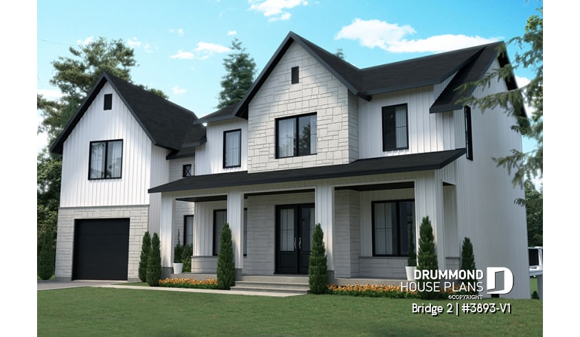 front - BASE MODEL - 3 to 5 bedroom Modern Farmhouse house plan, home office, garage, 2.5 baths, 2 large terraces - Bridge 2