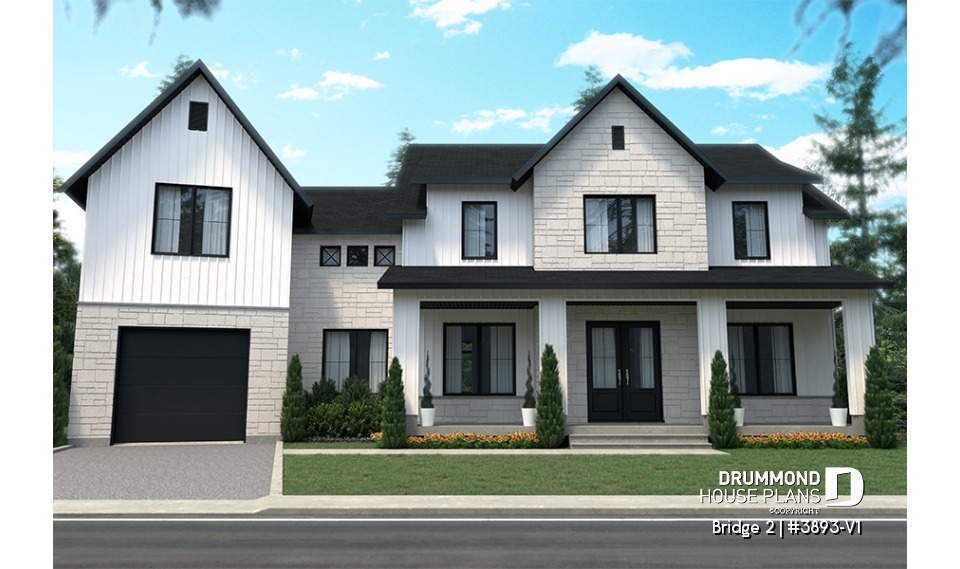 front - BASE MODEL - 3 to 5 bedroom Modern Farmhouse house plan, home office, garage, 2.5 baths, 2 large terraces - Bridge 2