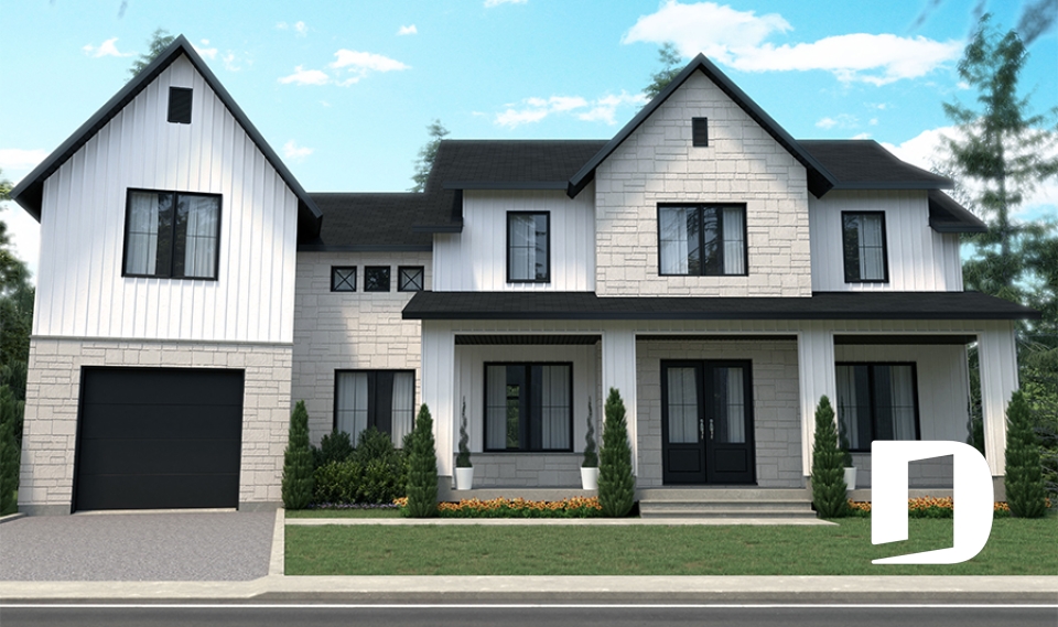 front - BASE MODEL - 3 to 5 bedroom Modern Farmhouse house plan, home office, garage, 2.5 baths, 2 large terraces - Bridge 2
