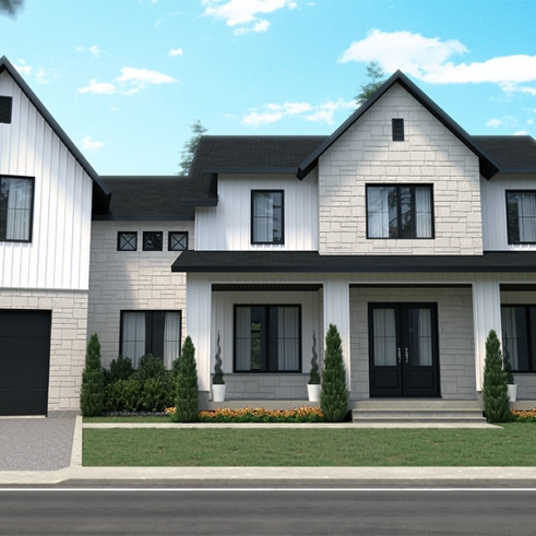 front - BASE MODEL - 3 to 5 bedroom Modern Farmhouse house plan, home office, garage, 2.5 baths, 2 large terraces - Bridge 2