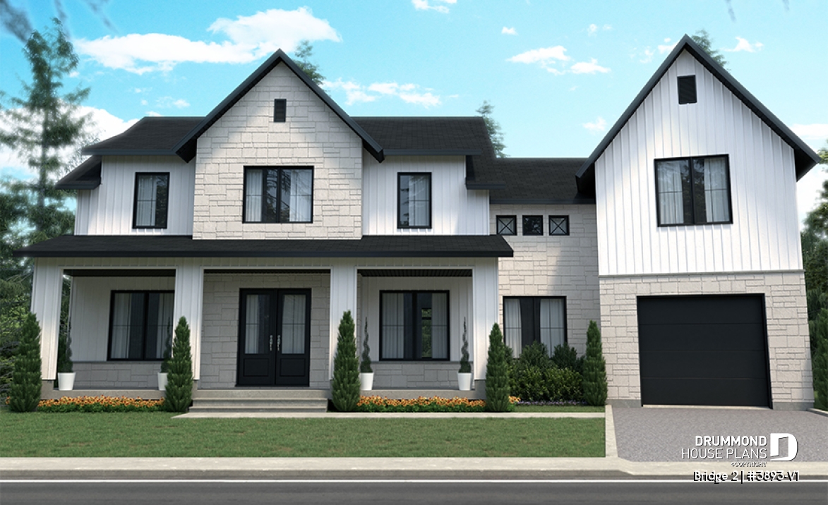 front - BASE MODEL - 3 to 5 bedroom Modern Farmhouse house plan, home office, garage, 2.5 baths, 2 large terraces - Bridge 2