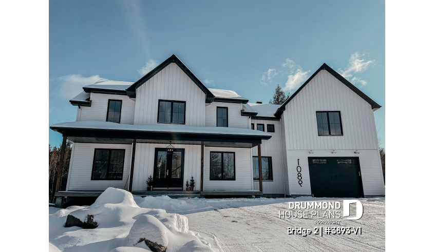 front - BASE MODEL - 3 to 5 bedroom Modern Farmhouse house plan, home office, garage, 2.5 baths, 2 large terraces - Bridge 2