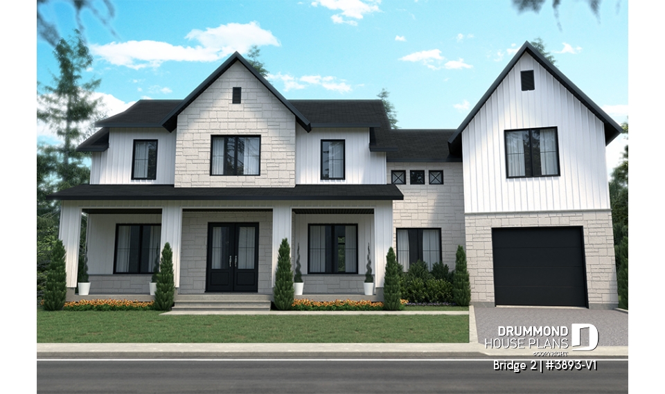 front - BASE MODEL - 3 to 5 bedroom Modern Farmhouse house plan, home office, garage, 2.5 baths, 2 large terraces - Bridge 2