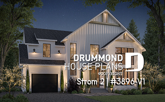 front - BASE MODEL - 2 Storey farmhouse home with up to 6 bedrooms, den, cathedral ceiling in living room, family & living rooms - Strom 2