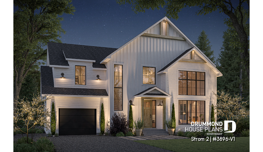 front - BASE MODEL - 2 Storey farmhouse home with up to 6 bedrooms, den, cathedral ceiling in living room, family & living rooms - Strom 2