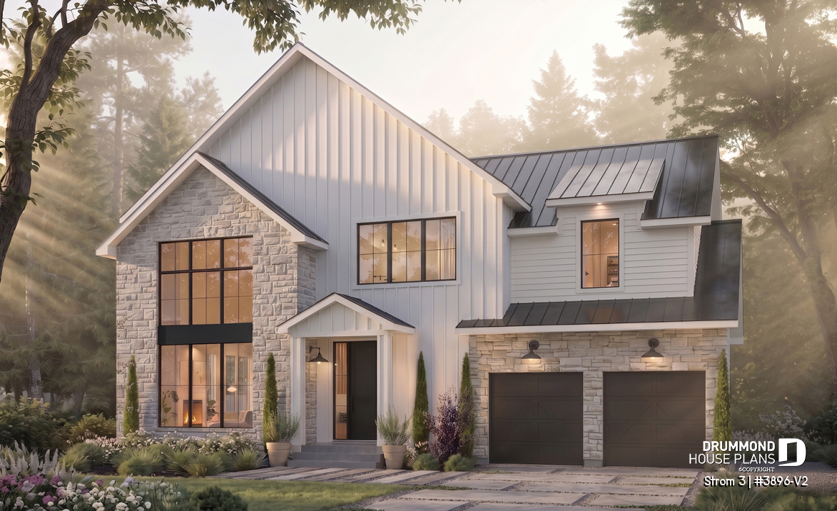 front - BASE MODEL - Modern farmhouse two-story house plan with 3 to 4 bedrooms, optional finished basement and double garage - Strom 3