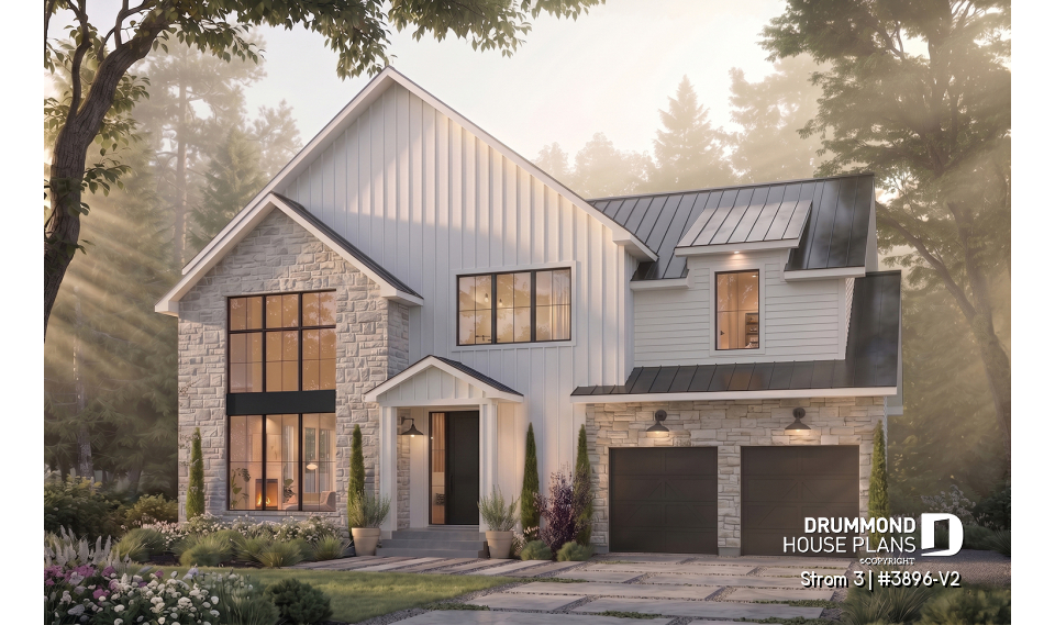 front - BASE MODEL - Modern farmhouse two-story house plan with 3 to 4 bedrooms, optional finished basement and double garage - Strom 3