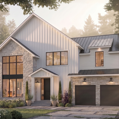 front - BASE MODEL - Modern farmhouse two-story house plan with 3 to 4 bedrooms, optional finished basement and double garage - Strom 3
