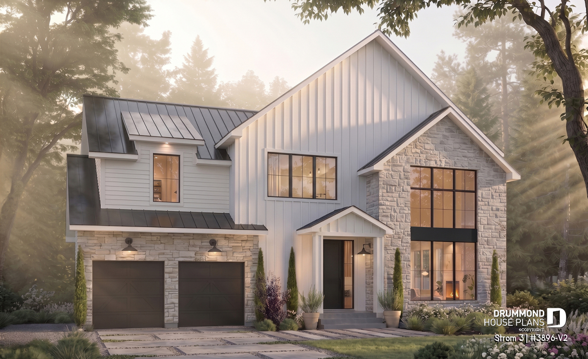 front - BASE MODEL - Modern farmhouse two-story house plan with 3 to 4 bedrooms, optional finished basement and double garage - Strom 3