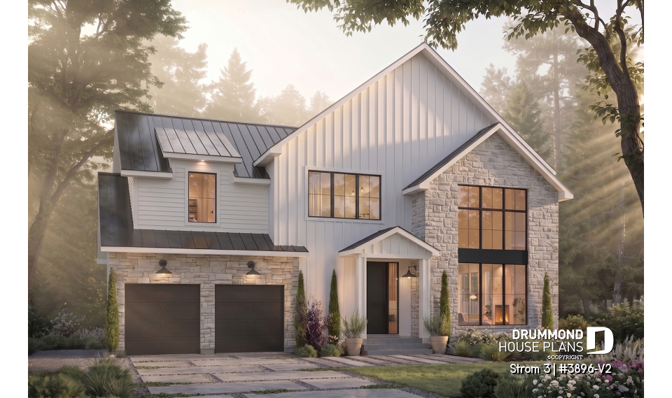 front - BASE MODEL - Modern farmhouse two-story house plan with 3 to 4 bedrooms, optional finished basement and double garage - Strom 3