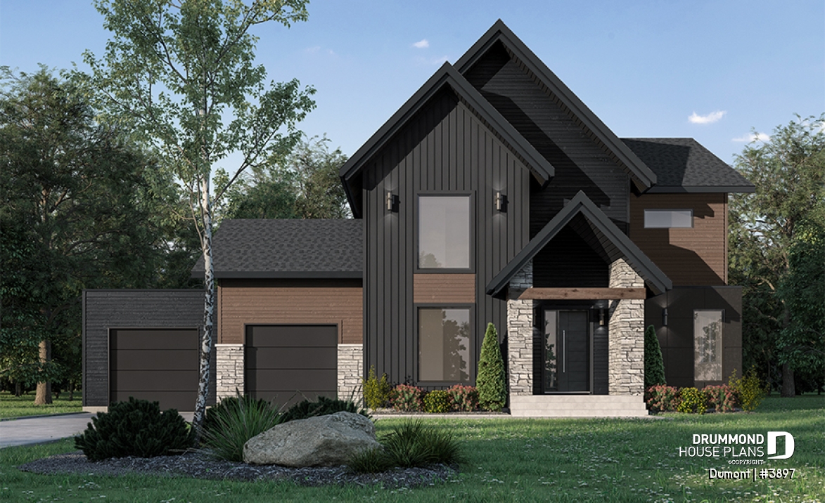 front - BASE MODEL - 3 to 6 bedrooms Modern Scandinavian house plan, large master suite with private balcony, pantry, den - Dumont