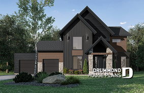 front - BASE MODEL - 3 to 6 bedrooms Modern Scandinavian house plan, large master suite with private balcony, pantry, den - Dumont