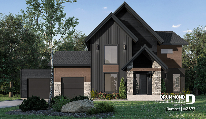 front - BASE MODEL - 3 to 6 bedrooms Modern Scandinavian house plan, large master suite with private balcony, pantry, den - Dumont