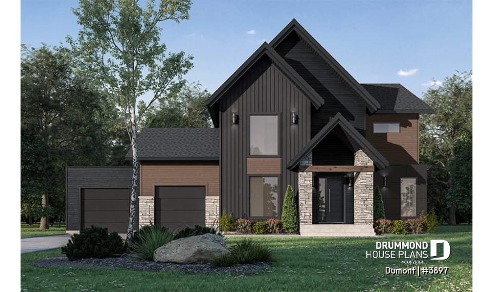 front - BASE MODEL - 3 to 6 bedrooms Modern Scandinavian house plan, large master suite with private balcony, pantry, den - Dumont