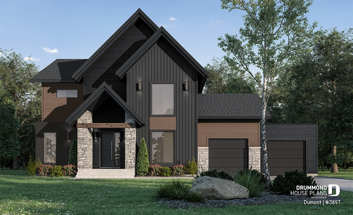 front - BASE MODEL - 3 to 6 bedrooms Modern Scandinavian house plan, large master suite with private balcony, pantry, den - Dumont