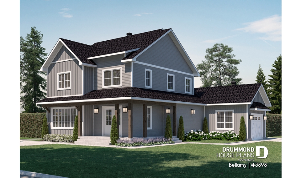 front - BASE MODEL - Home for corner lot, 3 beds, 2.5 baths, open floor plan, kitchen with pantry, large sheltered rear terrace - Bellamy