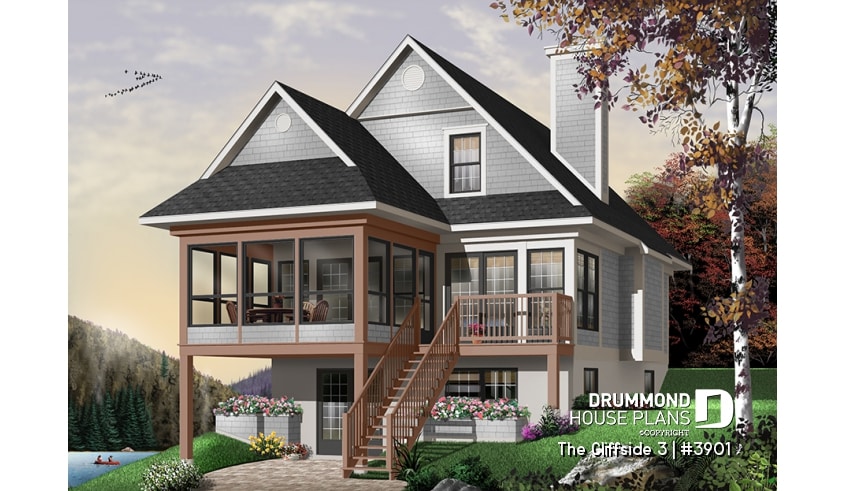 Rear view - BASE MODEL - Cottage house plan with screened-in porch, 3 bedrooms, panoramic view, open floor plan, fireplace - The Cliffside 3