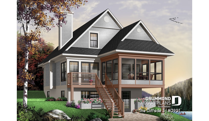 Rear view - BASE MODEL - Cottage house plan with screened-in porch, 3 bedrooms, panoramic view, open floor plan, fireplace - The Cliffside 3