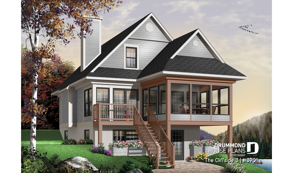 Rear view - BASE MODEL - Cottage house plan with screened-in porch, 3 bedrooms, panoramic view, open floor plan, fireplace - The Cliffside 3