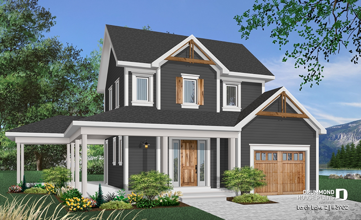 Color version 6 - Front - Farmhouse, covered porch, 2-3 bedrooms, master with private balcony - Larch Lake 2