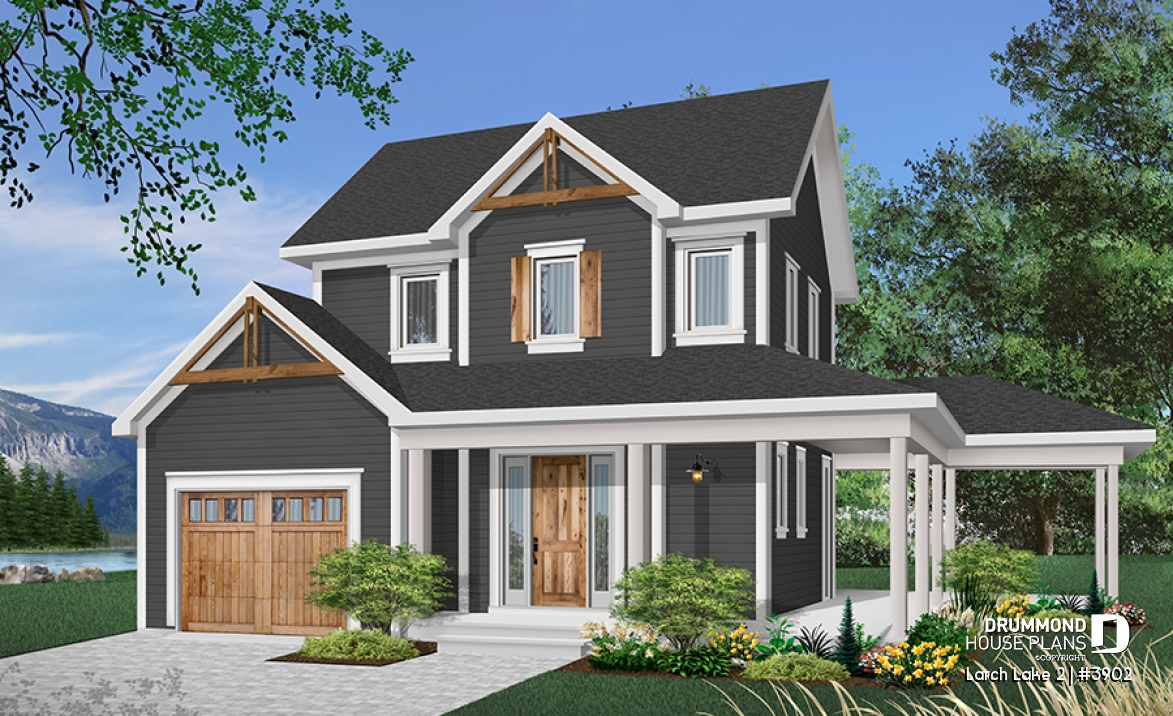 Color version 6 - Front - Farmhouse, covered porch, 2-3 bedrooms, master with private balcony - Larch Lake 2