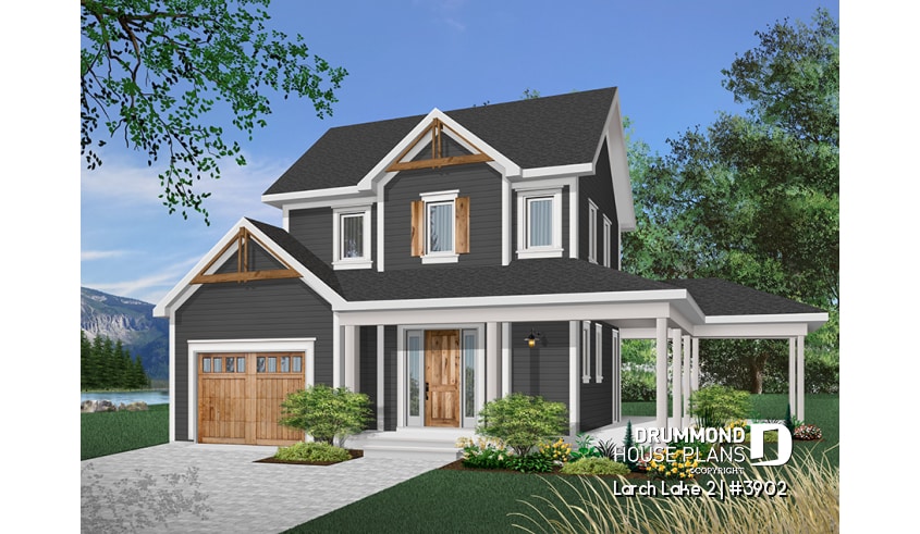Color version 6 - Front - Farmhouse, covered porch, 2-3 bedrooms, master with private balcony - Larch Lake 2