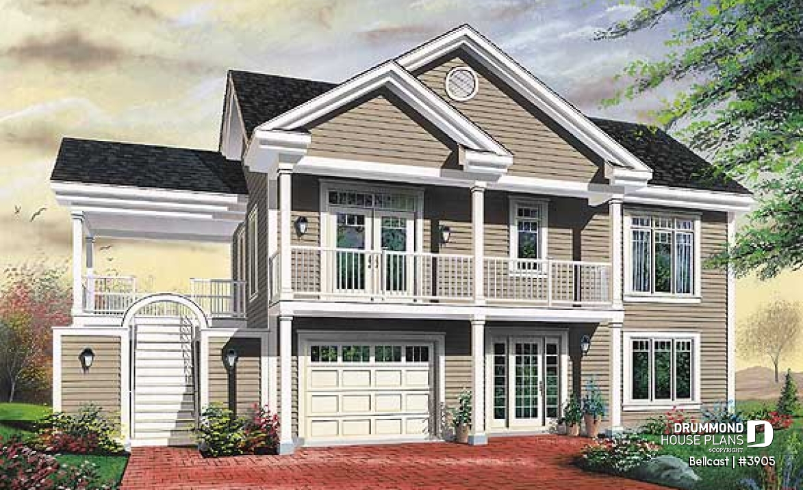 front - BASE MODEL - Reverse floor plan waterfront chalet house plan with 3 to 4 bedrooms, open floor  plan  layout on second floor - Bellcast