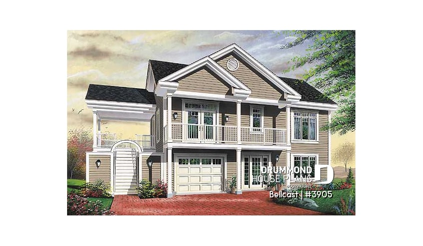 front - BASE MODEL - Reverse floor plan waterfront chalet house plan with 3 to 5 bedrooms, open floor  plan  layout on second floor - Bellcast