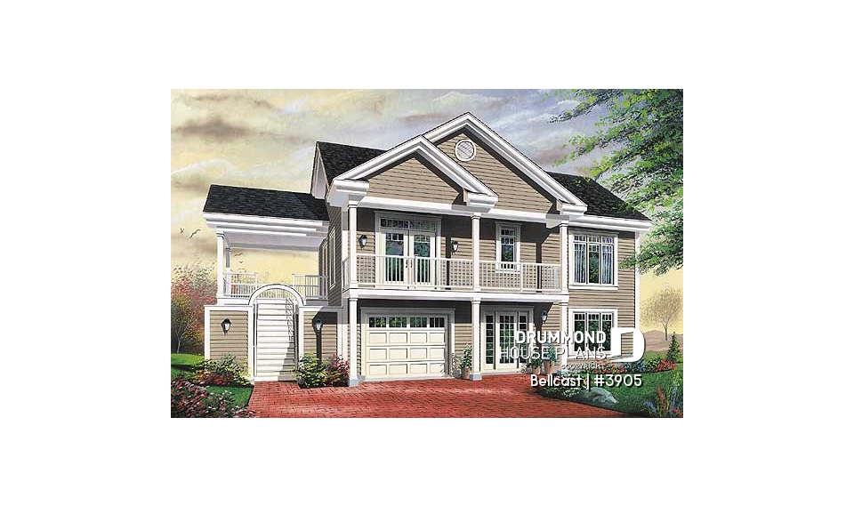 front - BASE MODEL - Reverse floor plan waterfront chalet house plan with 3 to 4 bedrooms, open floor  plan  layout on second floor - Bellcast