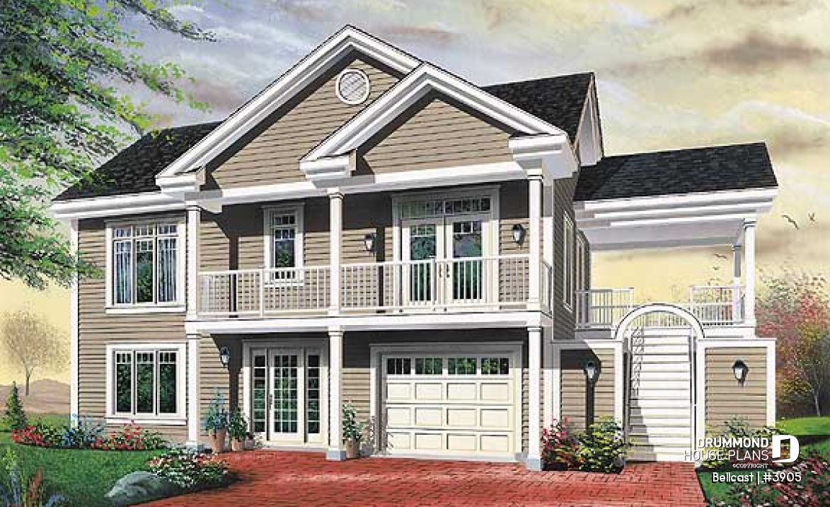 front - BASE MODEL - Reverse floor plan waterfront chalet house plan with 3 to 4 bedrooms, open floor  plan  layout on second floor - Bellcast