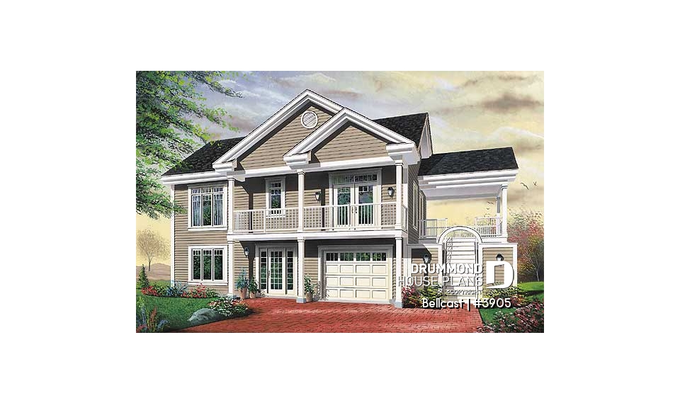 front - BASE MODEL - Reverse floor plan waterfront chalet house plan with 3 to 4 bedrooms, open floor  plan  layout on second floor - Bellcast