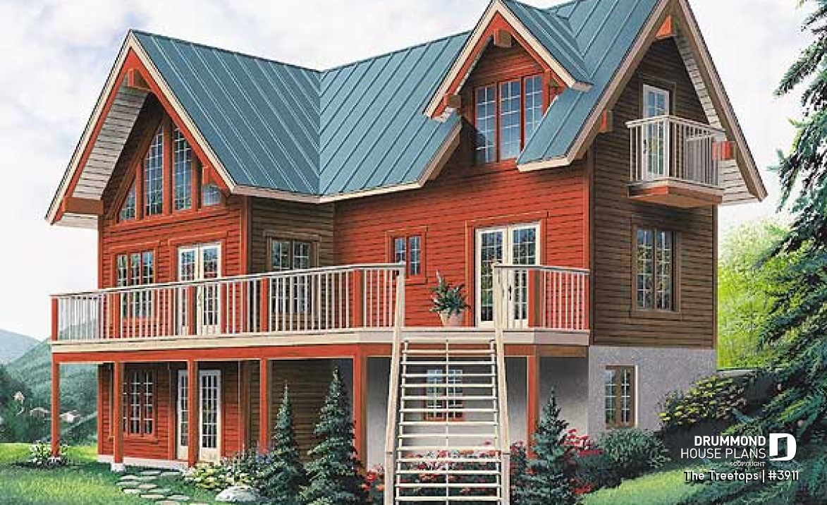 front - BASE MODEL - Beautiful panoramic view house plan with cathedral ceiling, fireplace, large deck, 3 bedrooms, large master - The Treetops